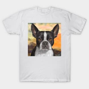 Painting of a Black and White Boston Terrier, with Orange Background T-Shirt